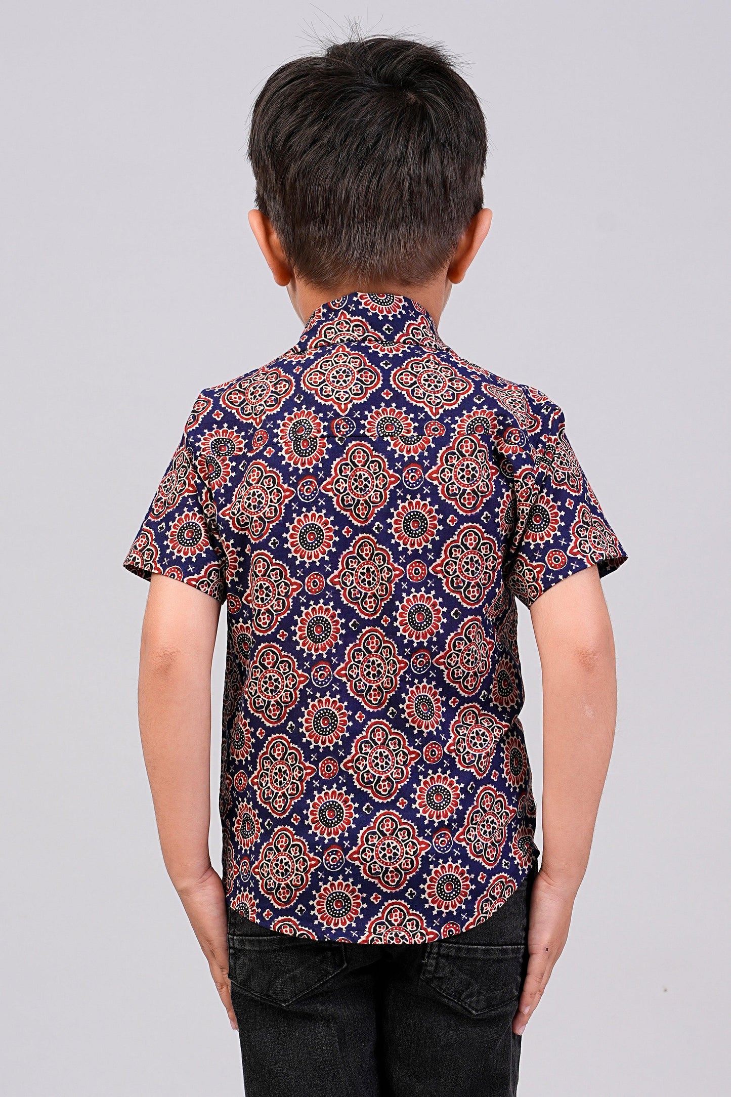 Boy's Navy Ajrakh Printed Half-Sleeves Shirts