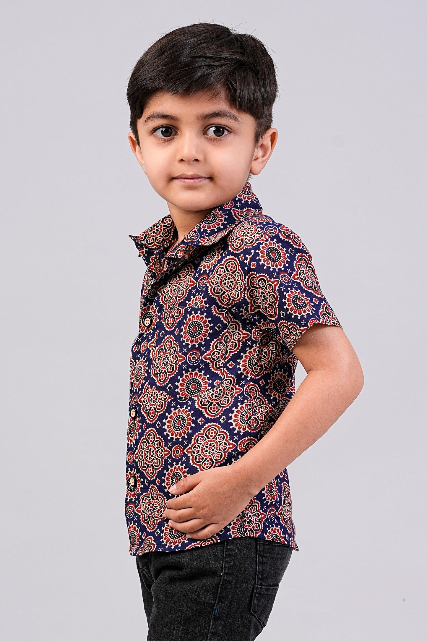 Boy's Navy Ajrakh Printed Half-Sleeves Shirts