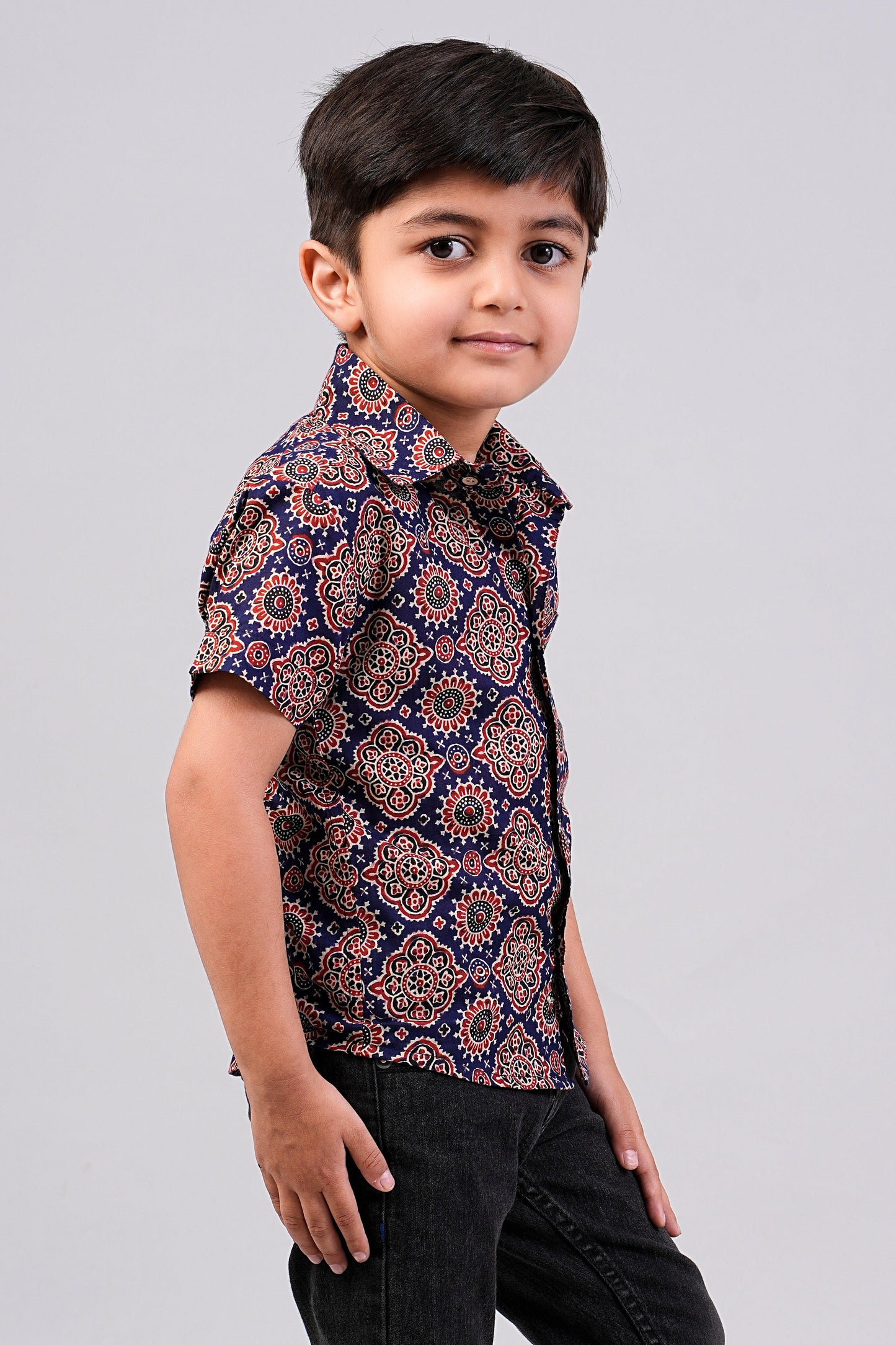 Boy's Navy Ajrakh Printed Half-Sleeves Shirts
