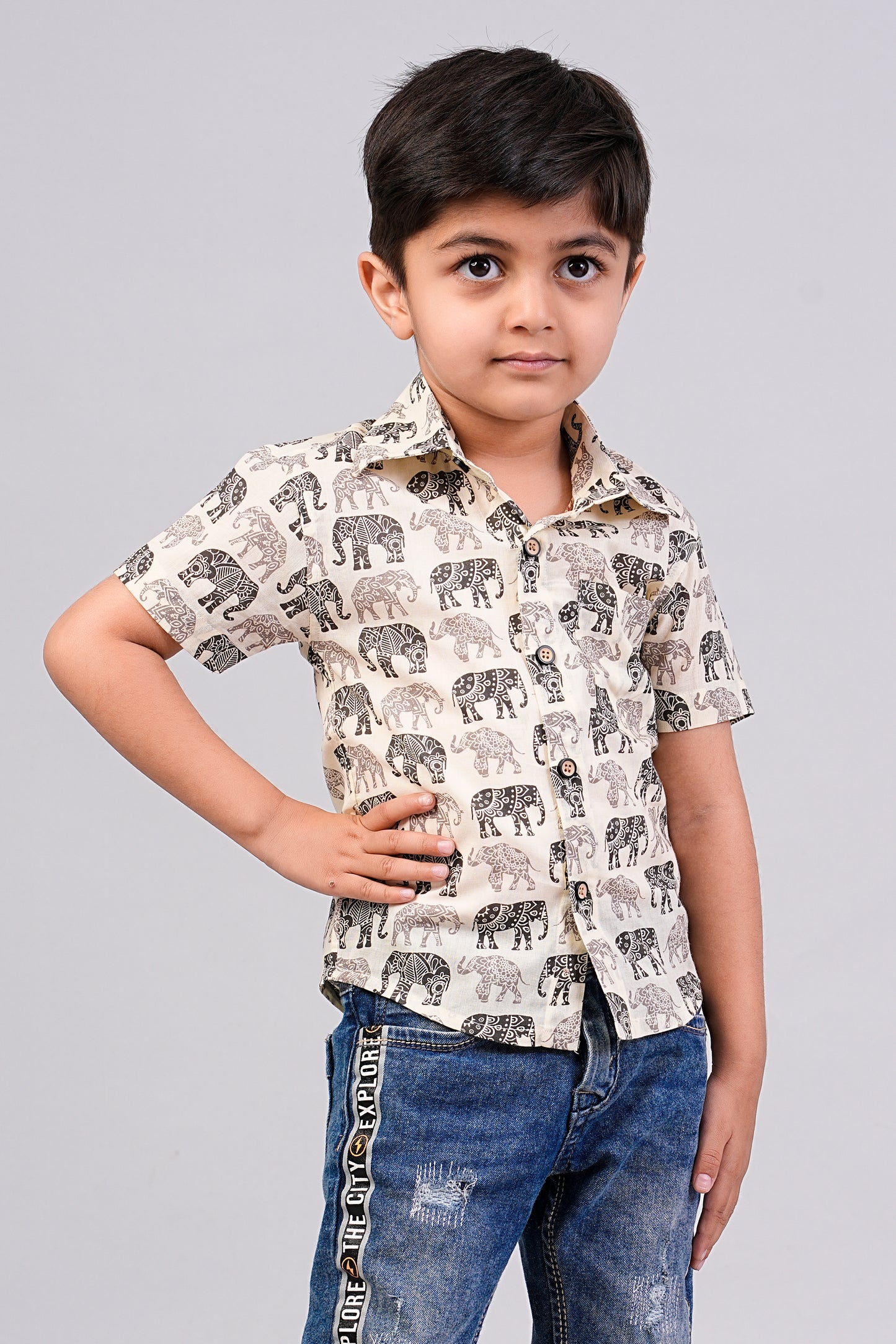 Boy's Black Elephant Printed Half-Sleeves Shirts