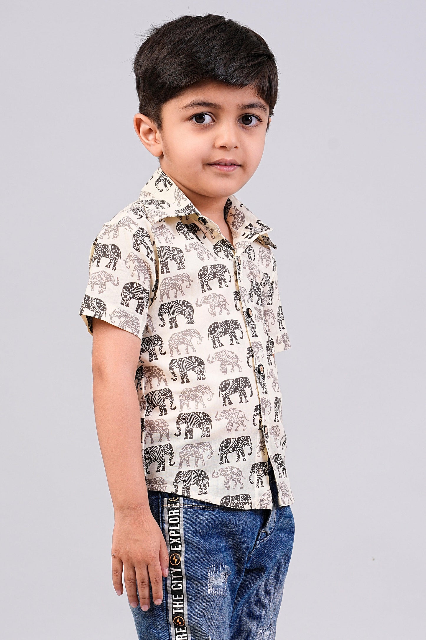 Boy's Black Elephant Printed Half-Sleeves Shirts