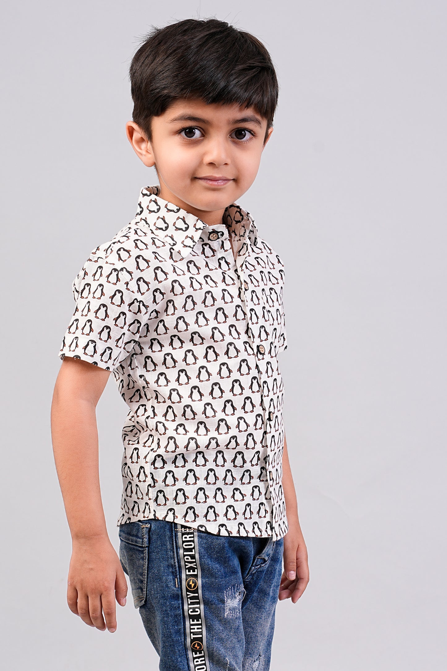 Boy's Black Penguin Printed Half-Sleeves Shirts