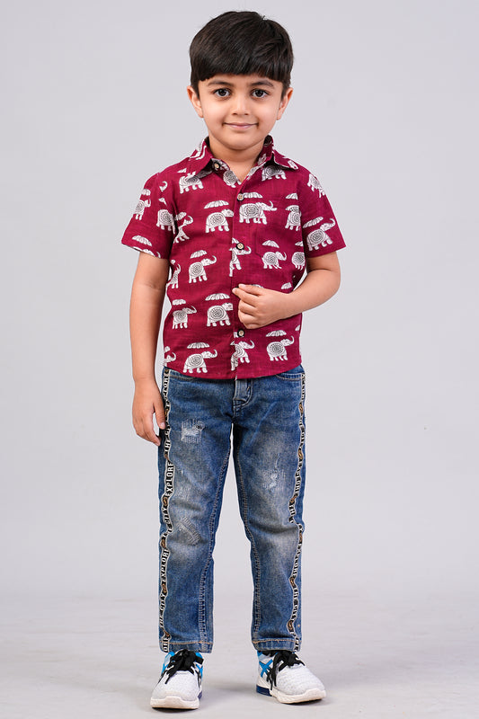 Boy's Red Elephant Printed Half-Sleeves Shirts