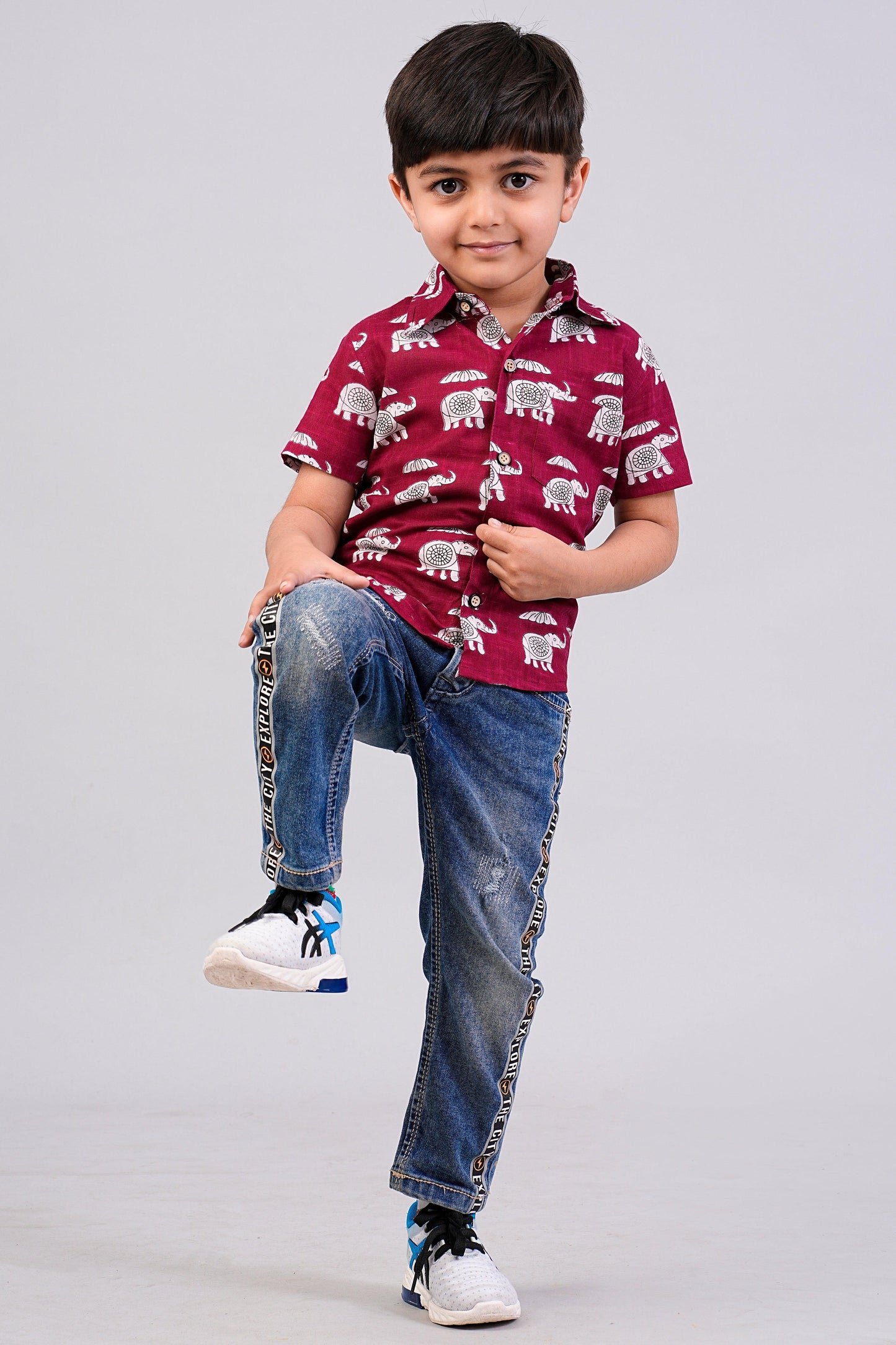 Boy's Red Elephant Printed Half-Sleeves Shirts