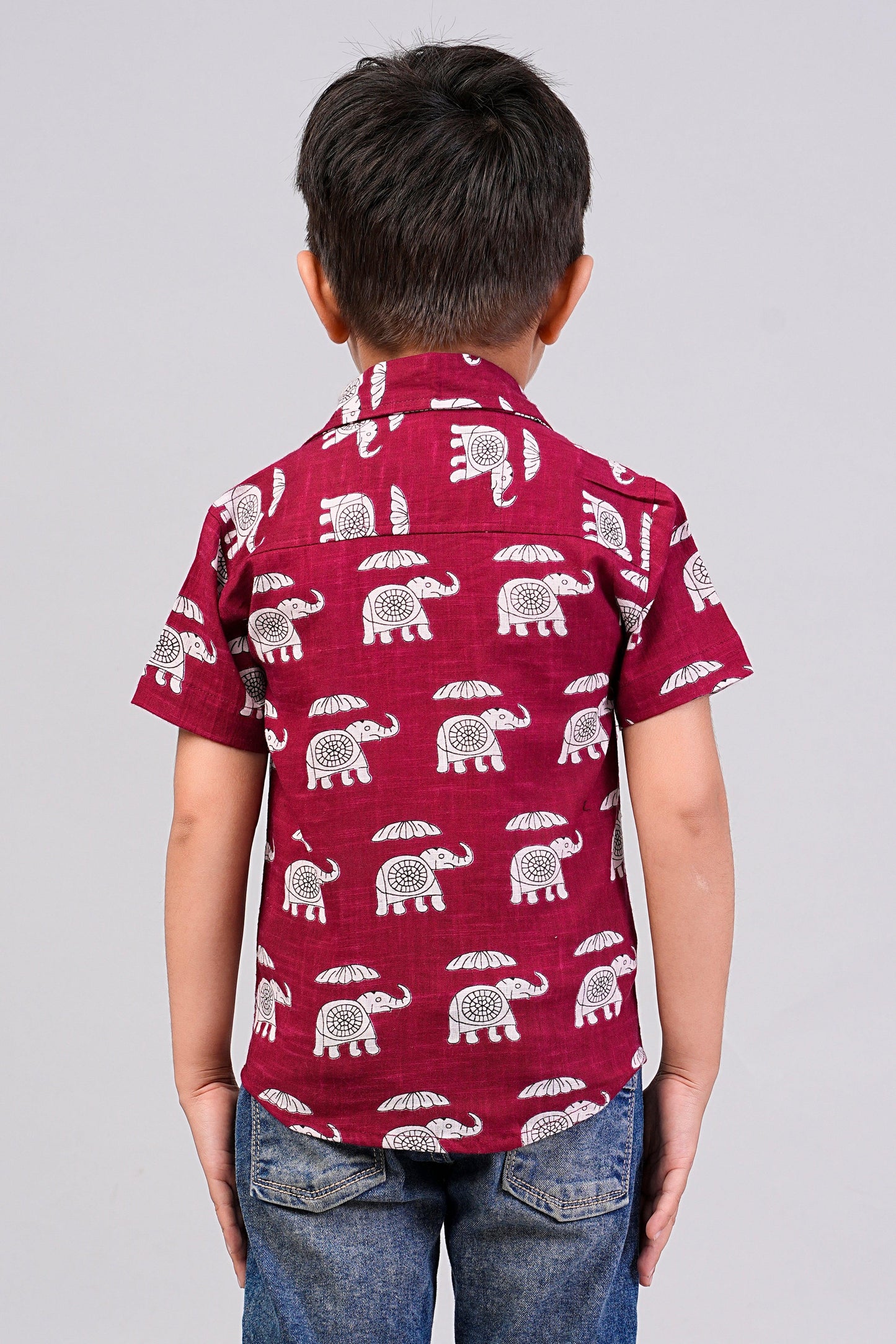 Boy's Red Elephant Printed Half-Sleeves Shirts