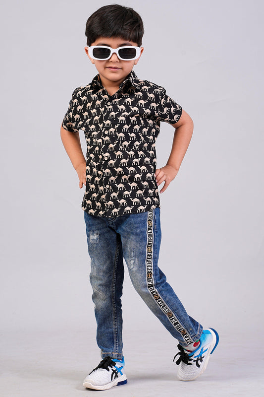 Boy's Black Camel Printed Half-Sleeves Shirts