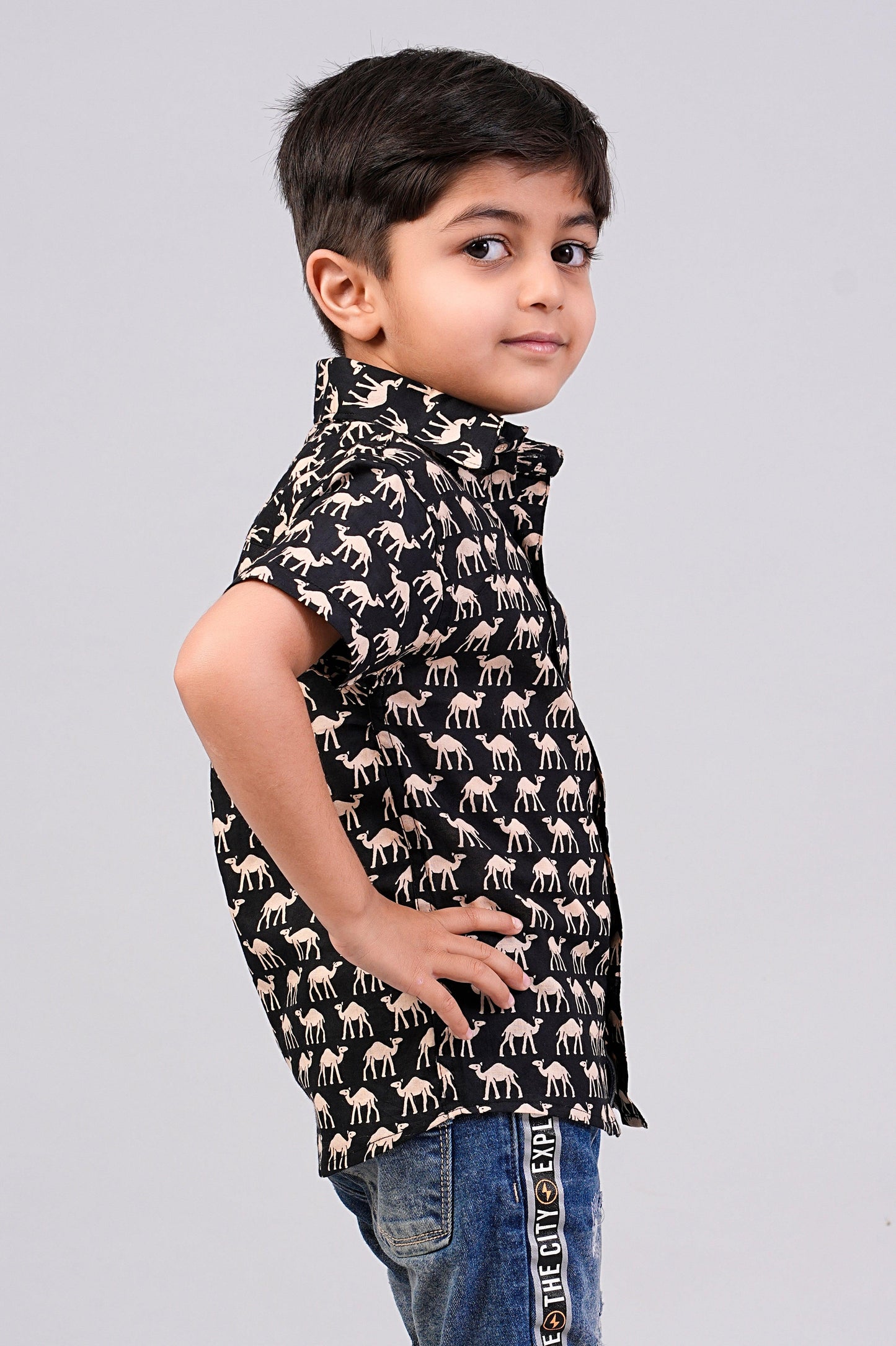 Boy's Black Camel Printed Half-Sleeves Shirts