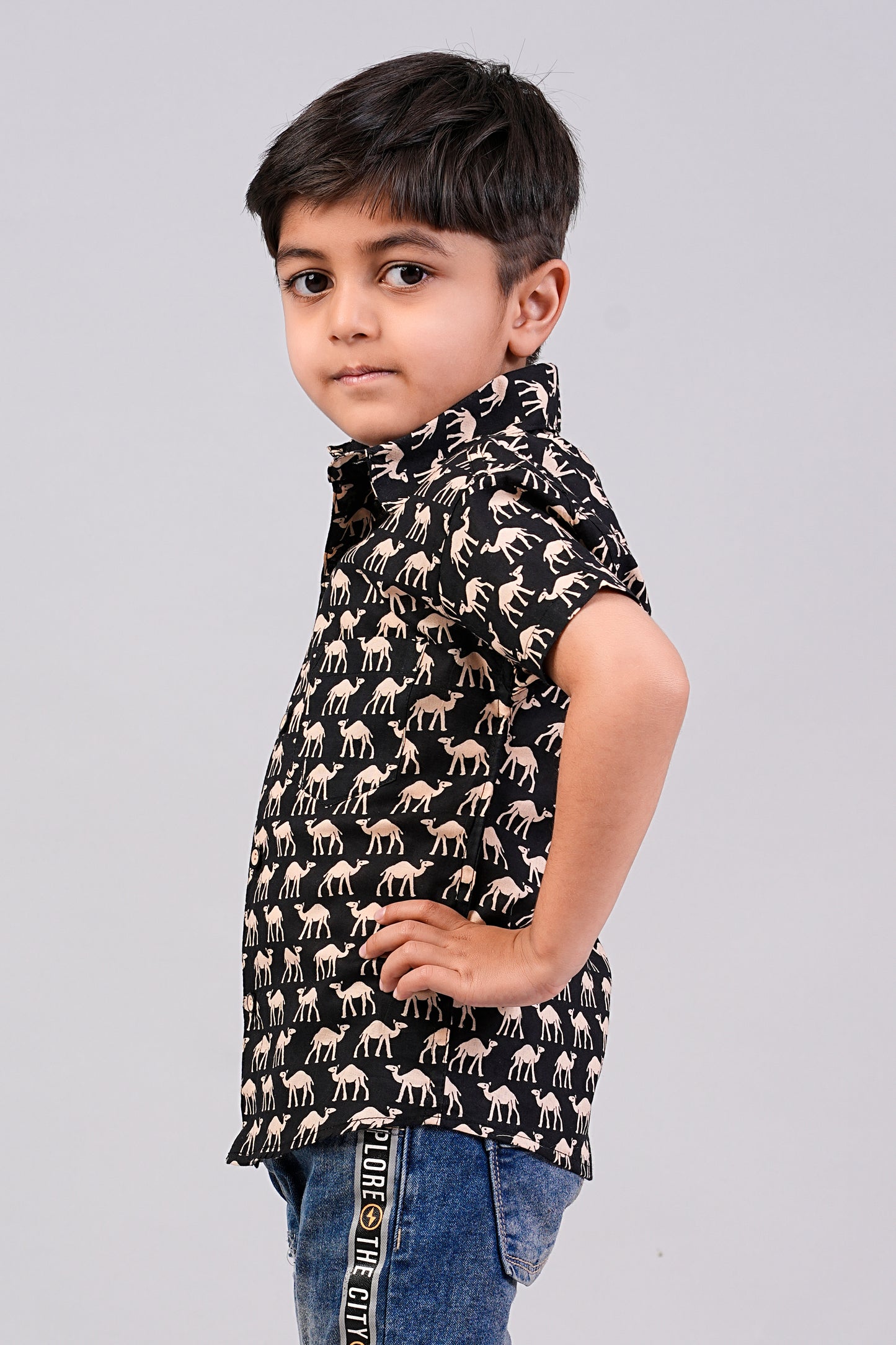 Boy's Black Camel Printed Half-Sleeves Shirts