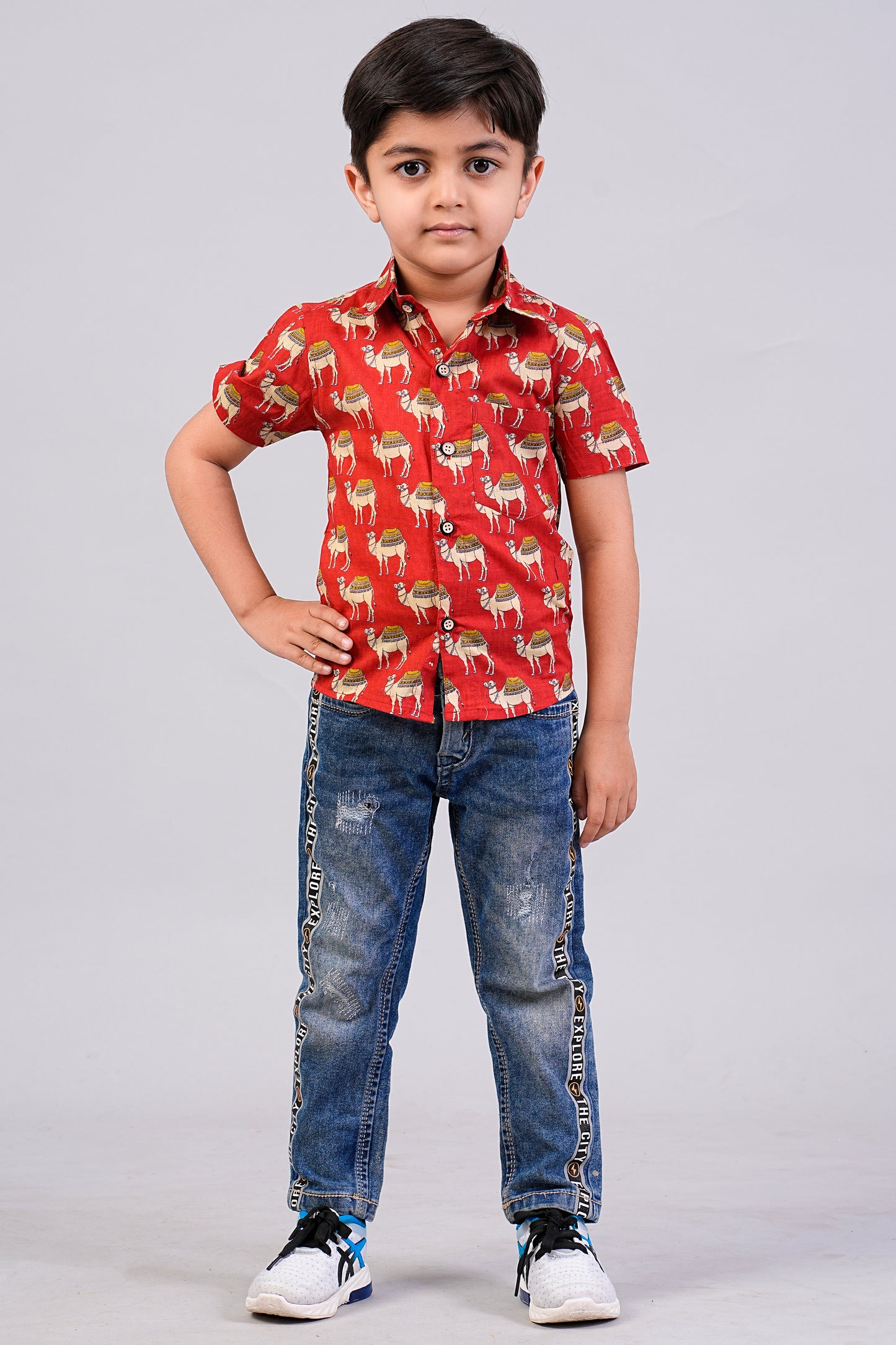 Boy's Red Camel Printed Half-Sleeves Shirts