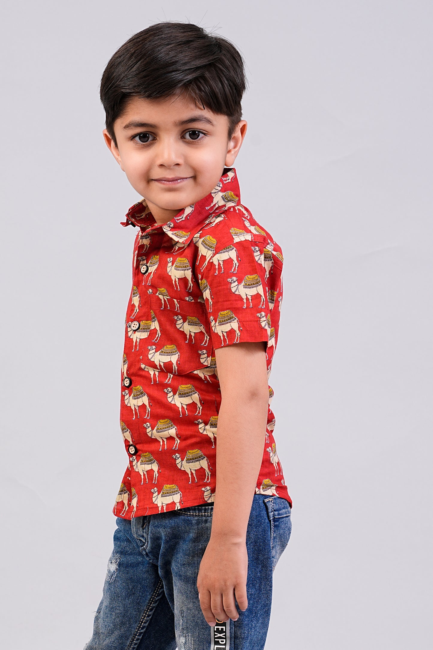 Boy's Red Camel Printed Half-Sleeves Shirts