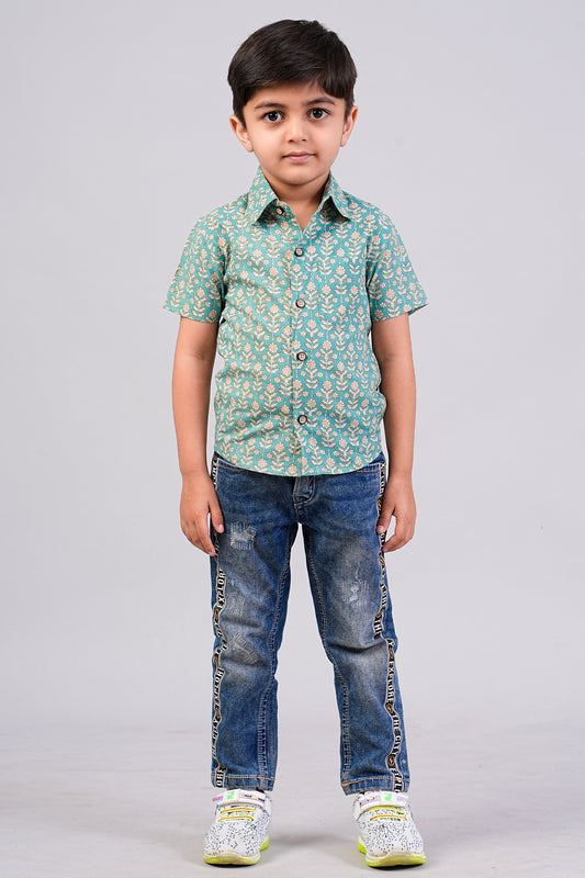 Boy's Sage-Green Floral Printed Half-Sleeves Shirts