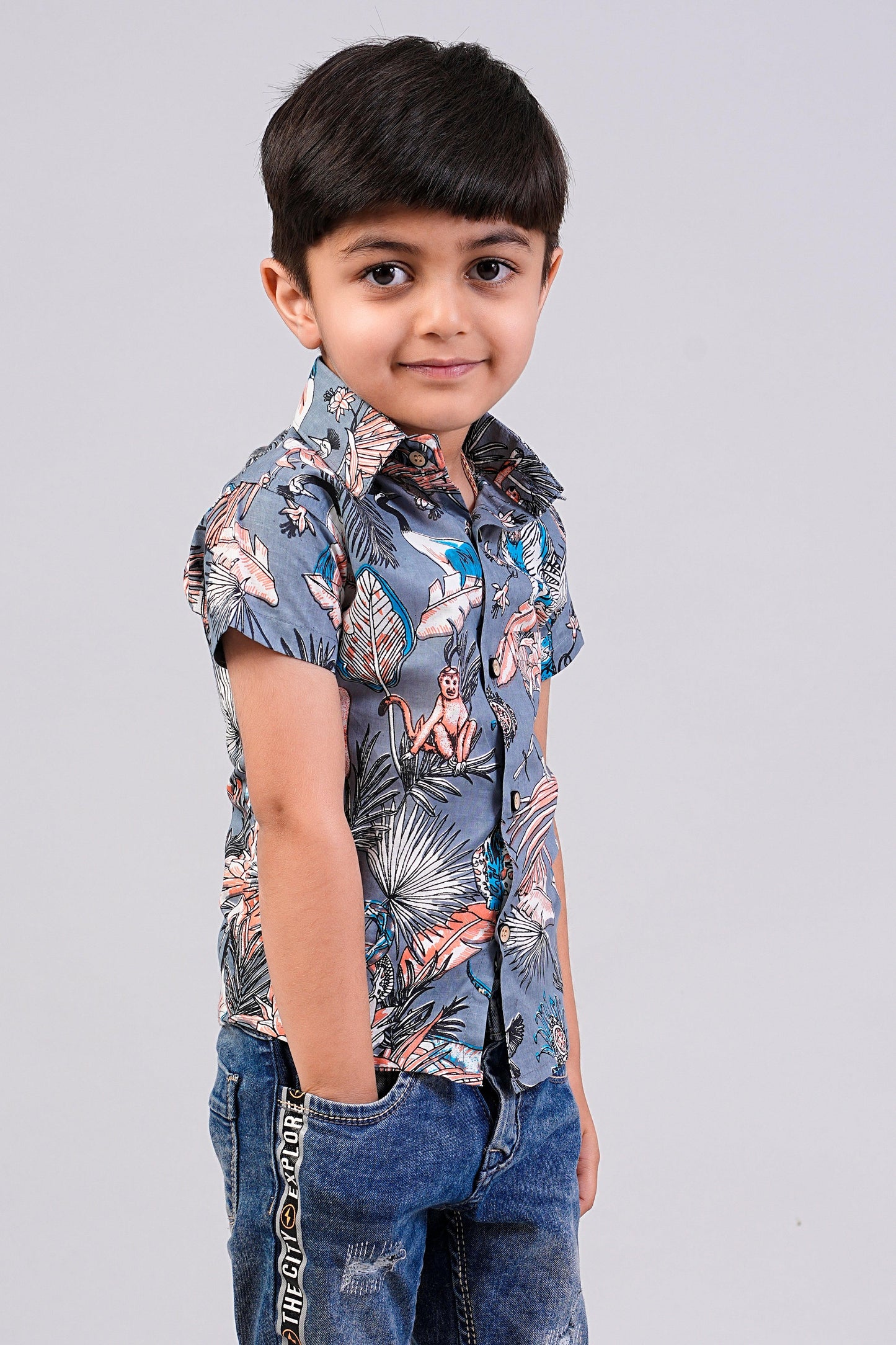 Boy's Jungle Printed Half-Sleeves Shirts