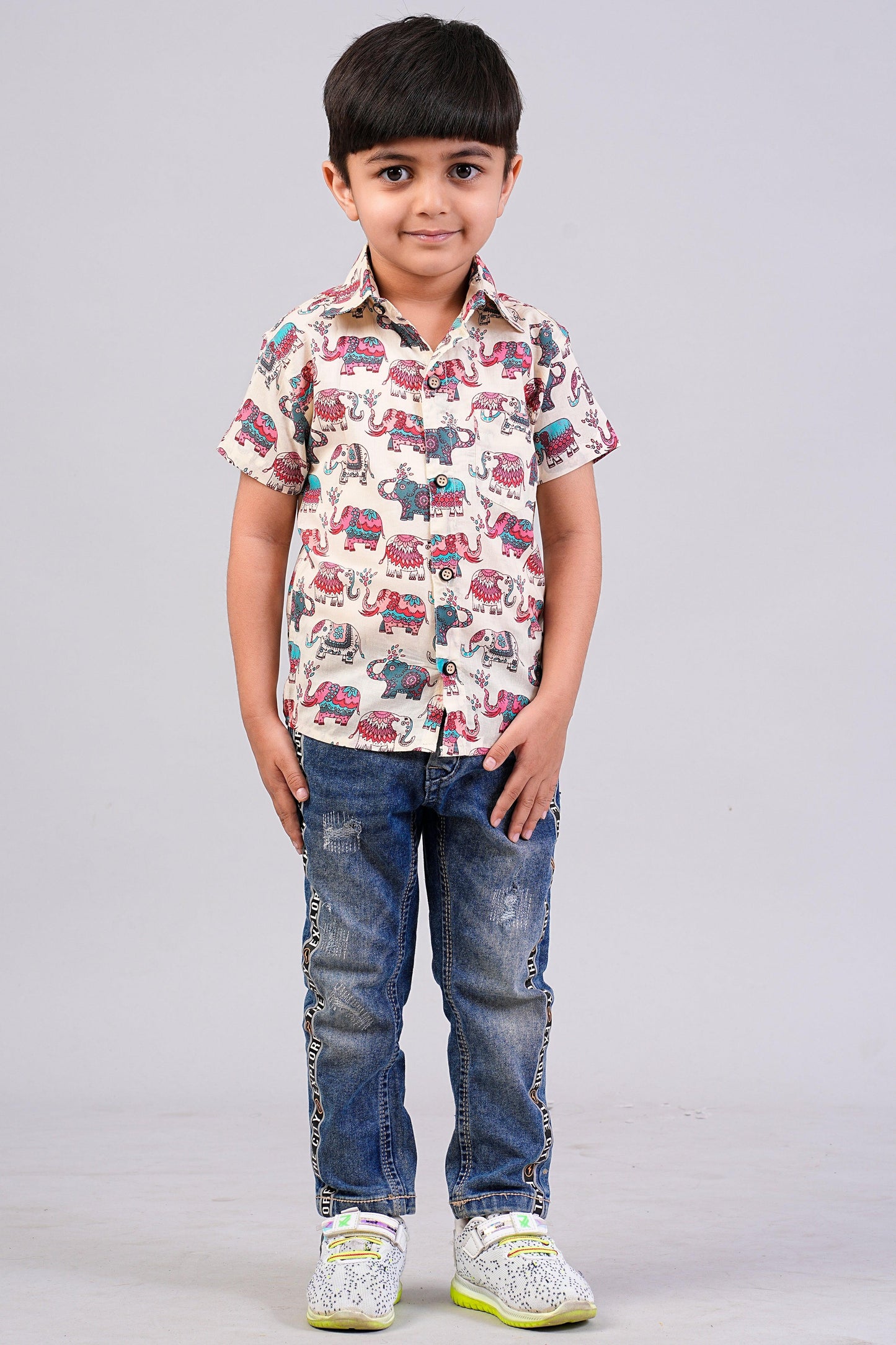 Boy's Multi Elephant Printed Half-Sleeves Shirts