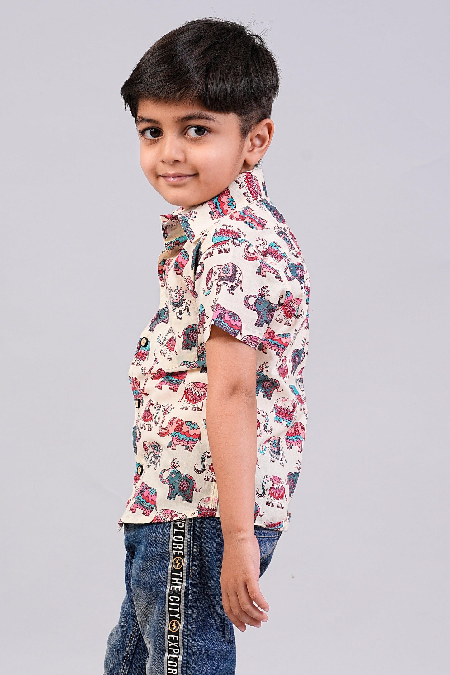 Boy's Multi Elephant Printed Half-Sleeves Shirts