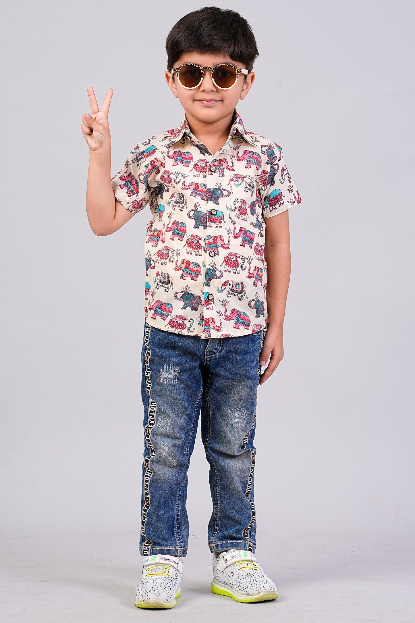 Boy's Multi Elephant Printed Half-Sleeves Shirts
