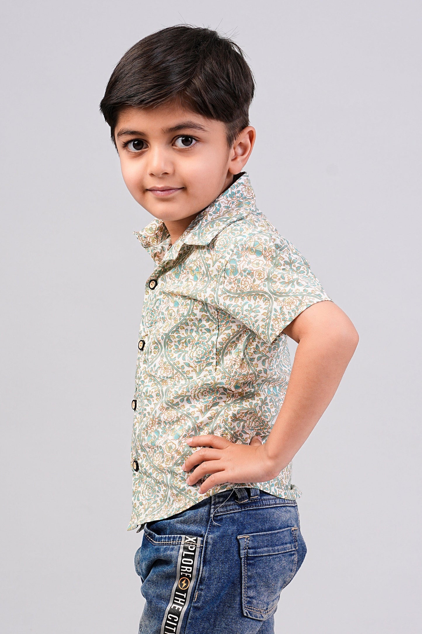 Boy's Ethnic Leaf Printed Half-Sleeves Shirts