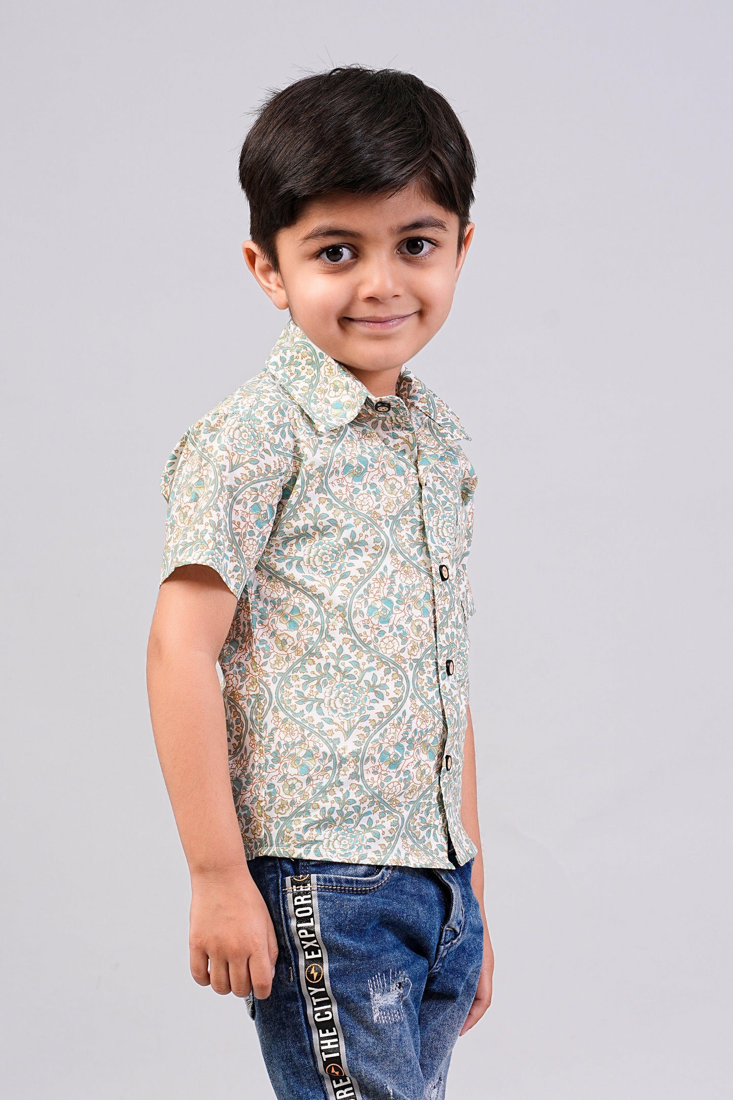 Boy's Ethnic Leaf Printed Half-Sleeves Shirts