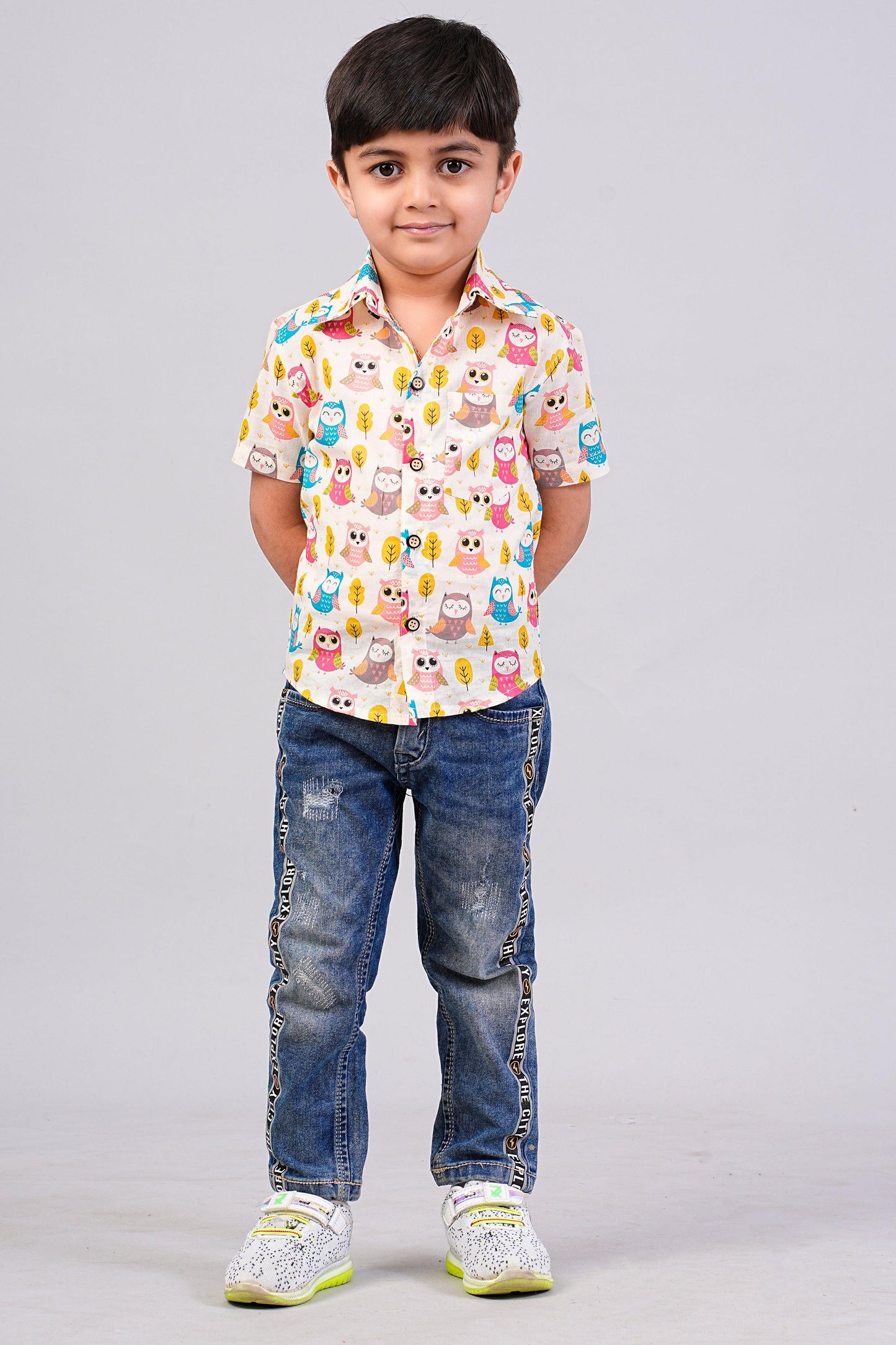 Boy's Ethnic Owl Printed Half-Sleeves Shirts