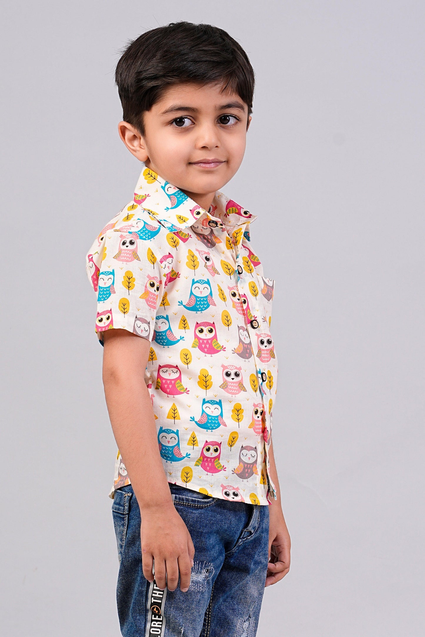 Boy's Ethnic Owl Printed Half-Sleeves Shirts