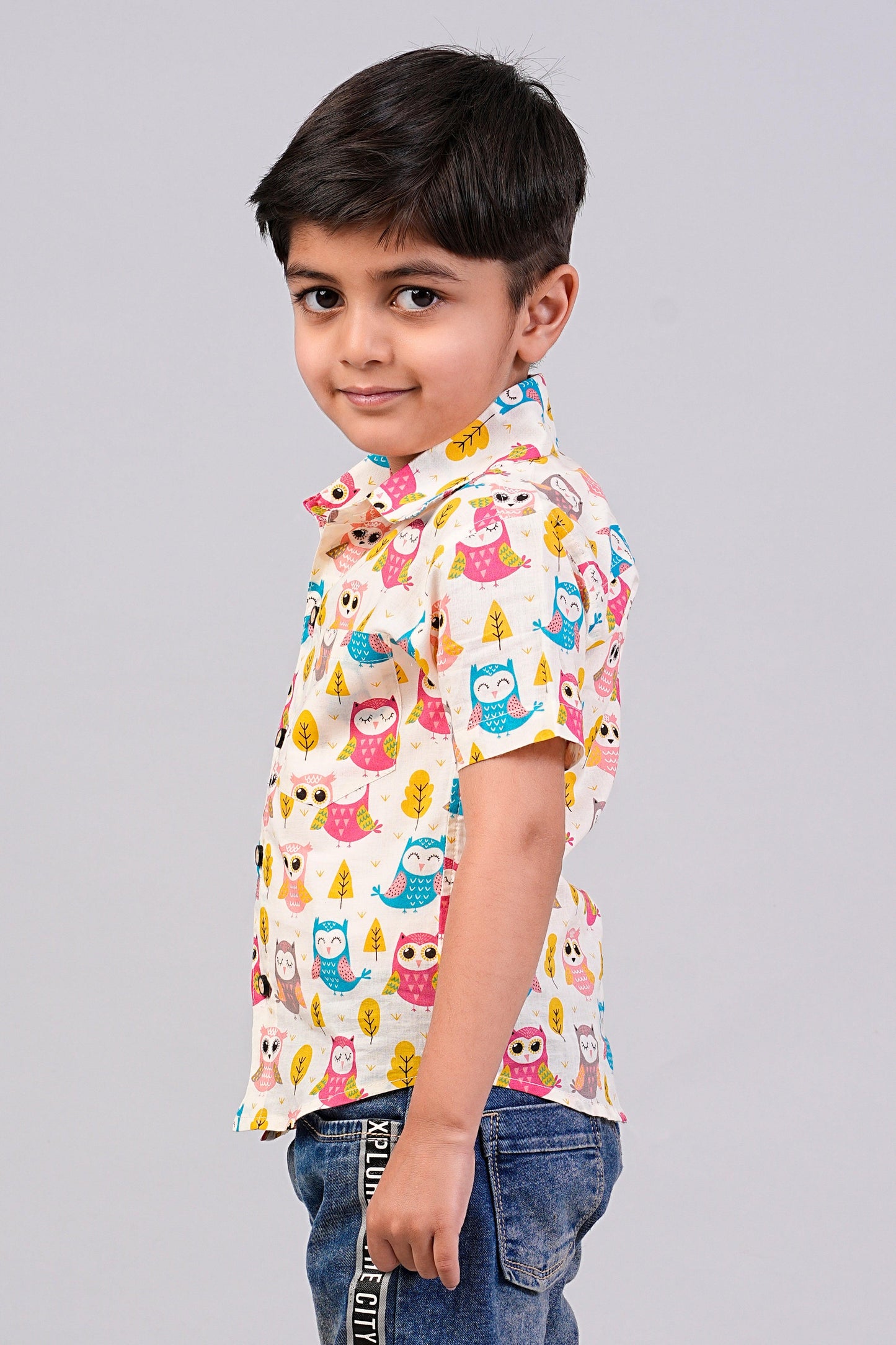 Boy's Ethnic Owl Printed Half-Sleeves Shirts
