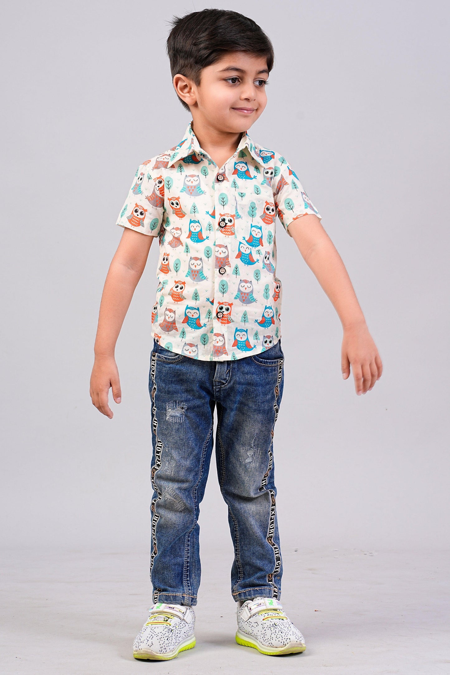 Boy's Ethnic Multi Color Owl Printed Half-Sleeves Shirts
