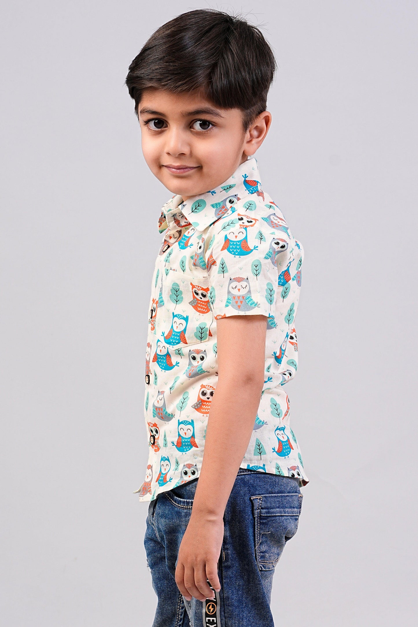 Boy's Ethnic Multi Color Owl Printed Half-Sleeves Shirts