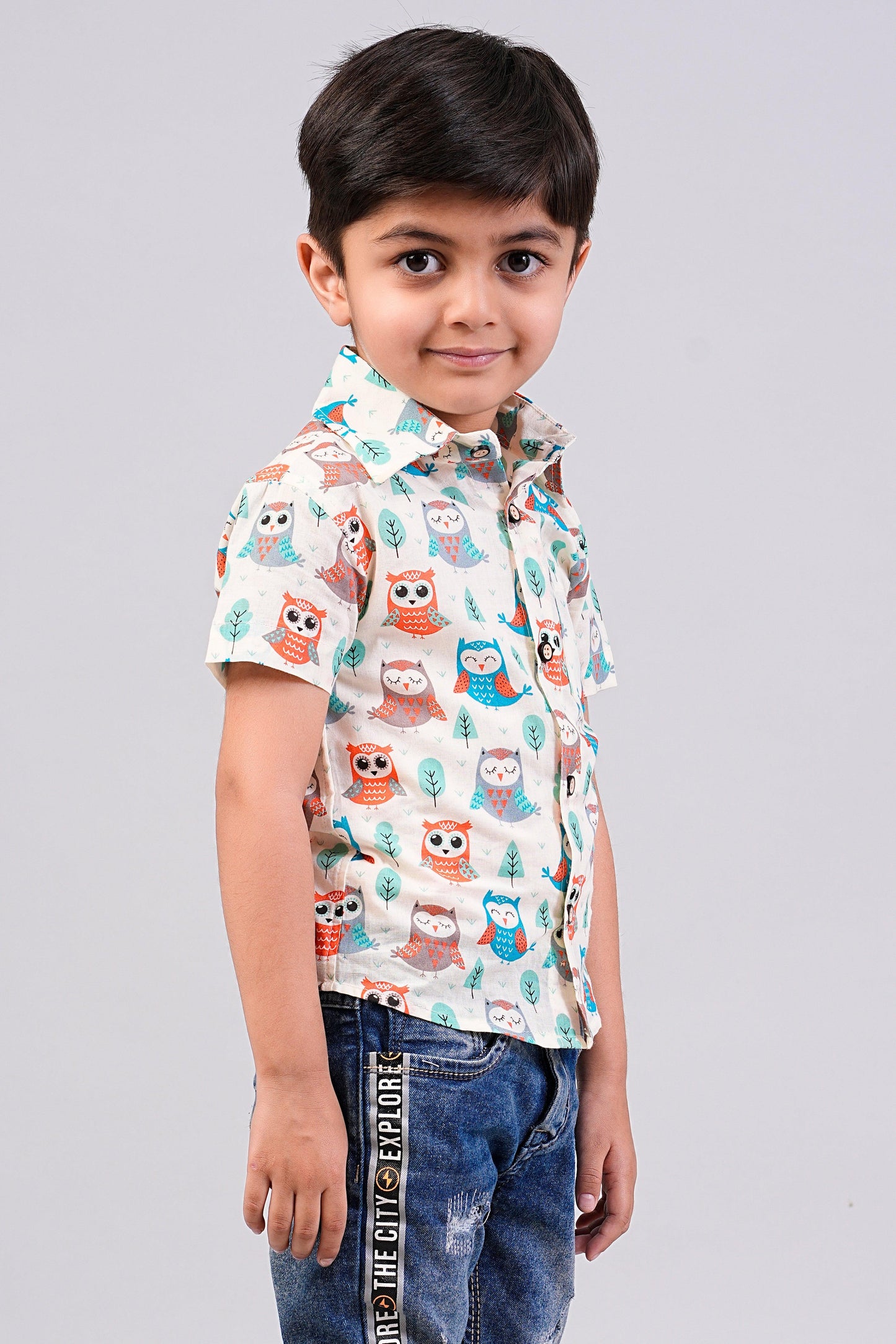 Boy's Ethnic Multi Color Owl Printed Half-Sleeves Shirts