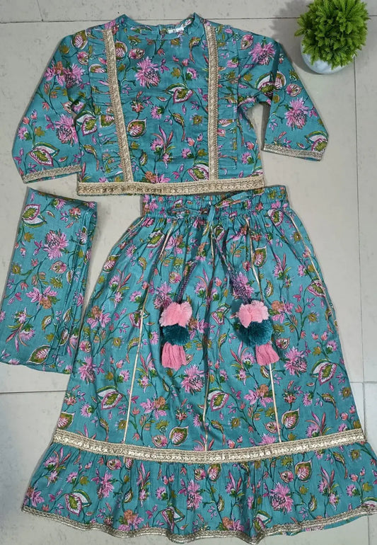 Printed Navy Blue Lehenga for Girls 3 Piece Set