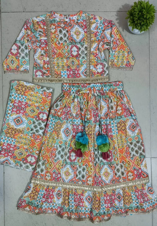 Design Printed White Lehenga for Girls 3 Piece Set