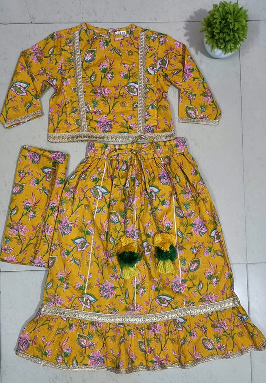 Pink Floral Printed Yellow Lehenga for Girls 3 Piece Set