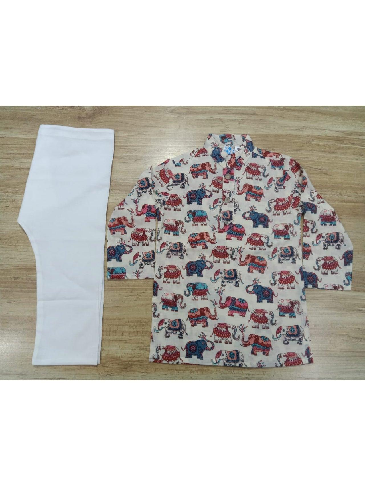 Boy's Printed Elephant Full-Sleeves Kurta & Pyjama Set
