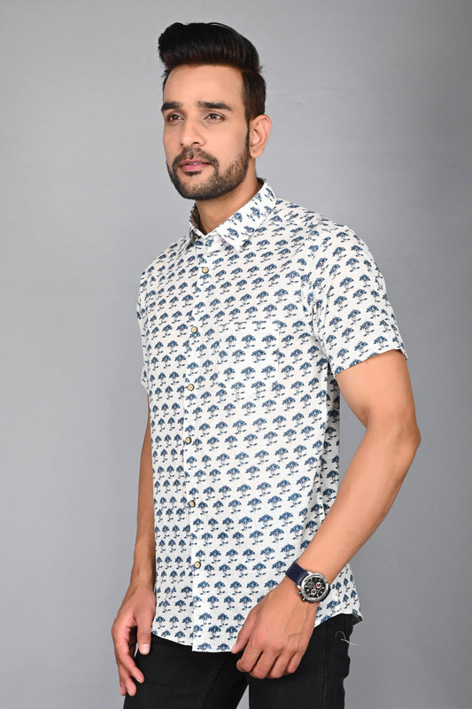 Men's Blue Floral Printed Half-Sleeves shirts