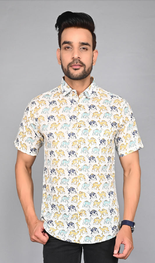 Men's Multi Camel Color Printed Half-Sleeves shirts