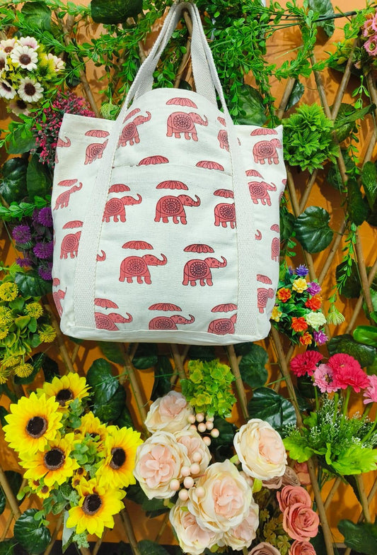 Ethnic Elephant Prints Canvas Fabric Bag