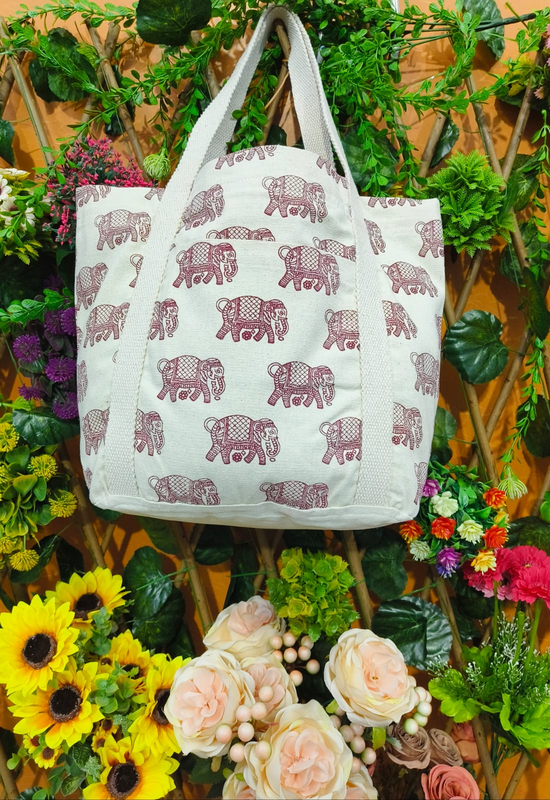 Ethnic Elephant Prints Canvas Fabric Bag