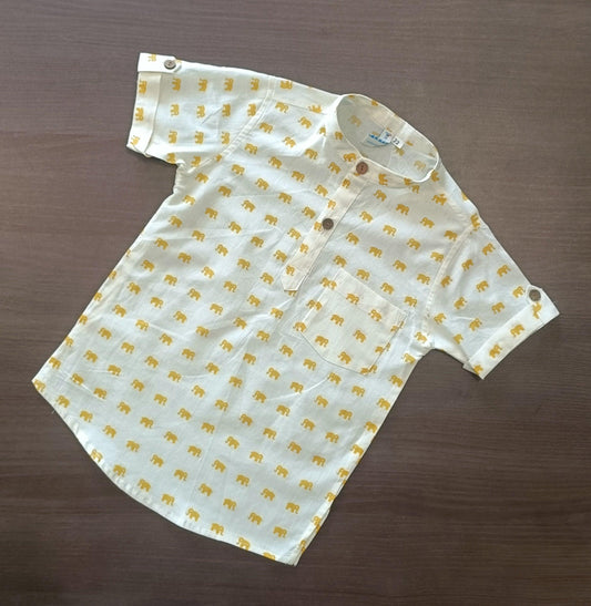Boy's Yellow Elephant Printed Half-Sleeves Kurta