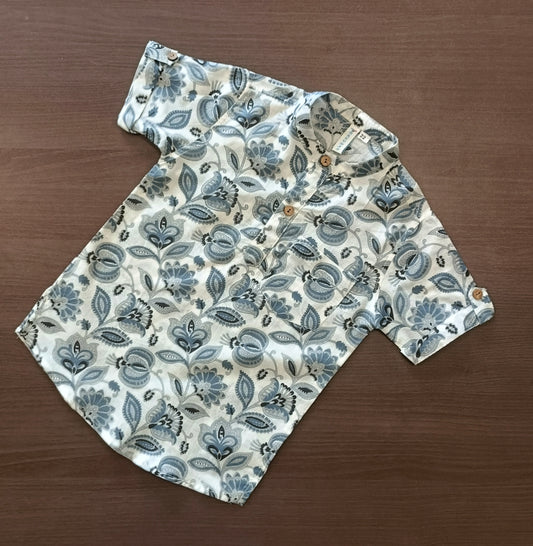 Boy's Grey Floral Printed Half-Sleeves Kurta