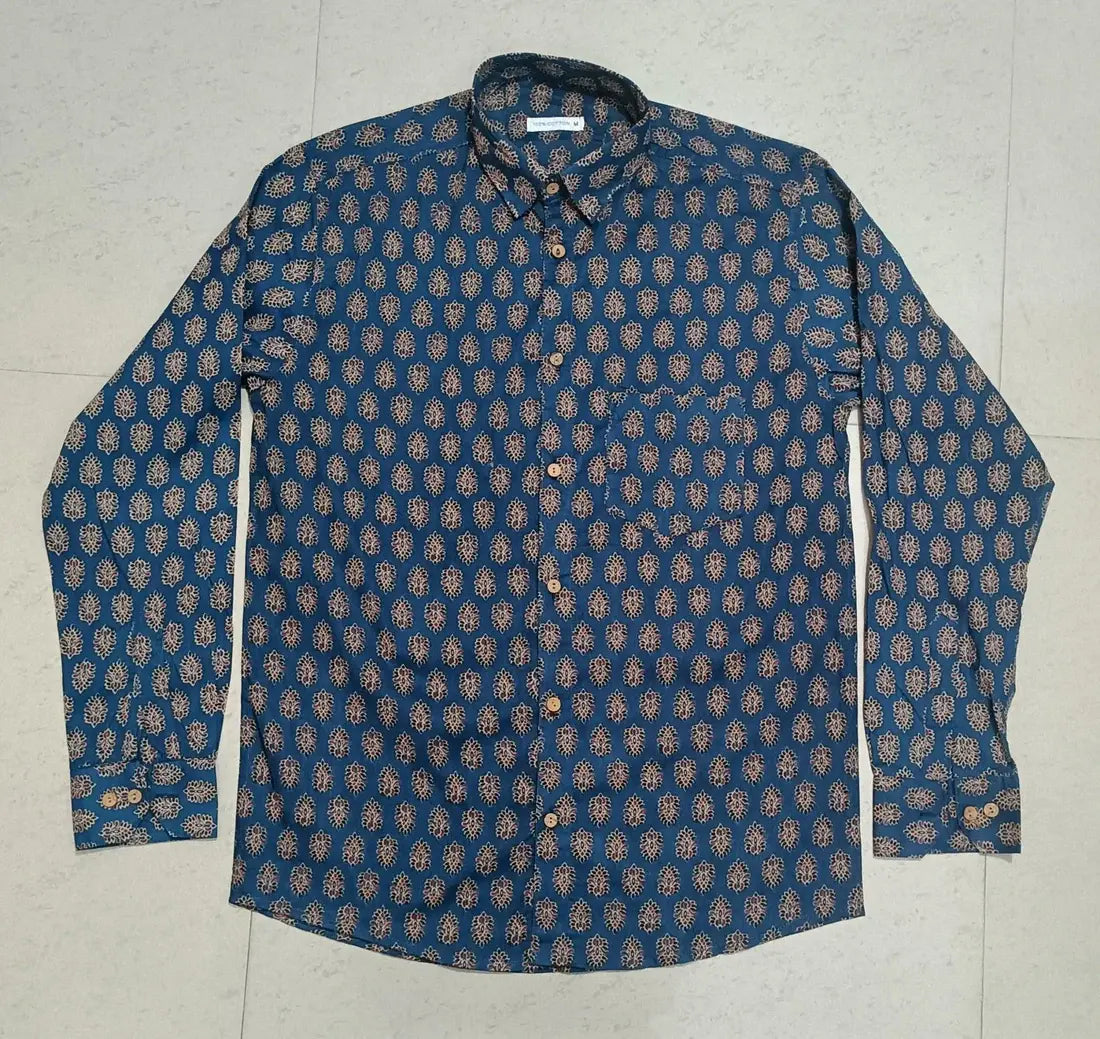 Men's Ethnic Navy Buti Color Printed Full-Sleeves Shirts