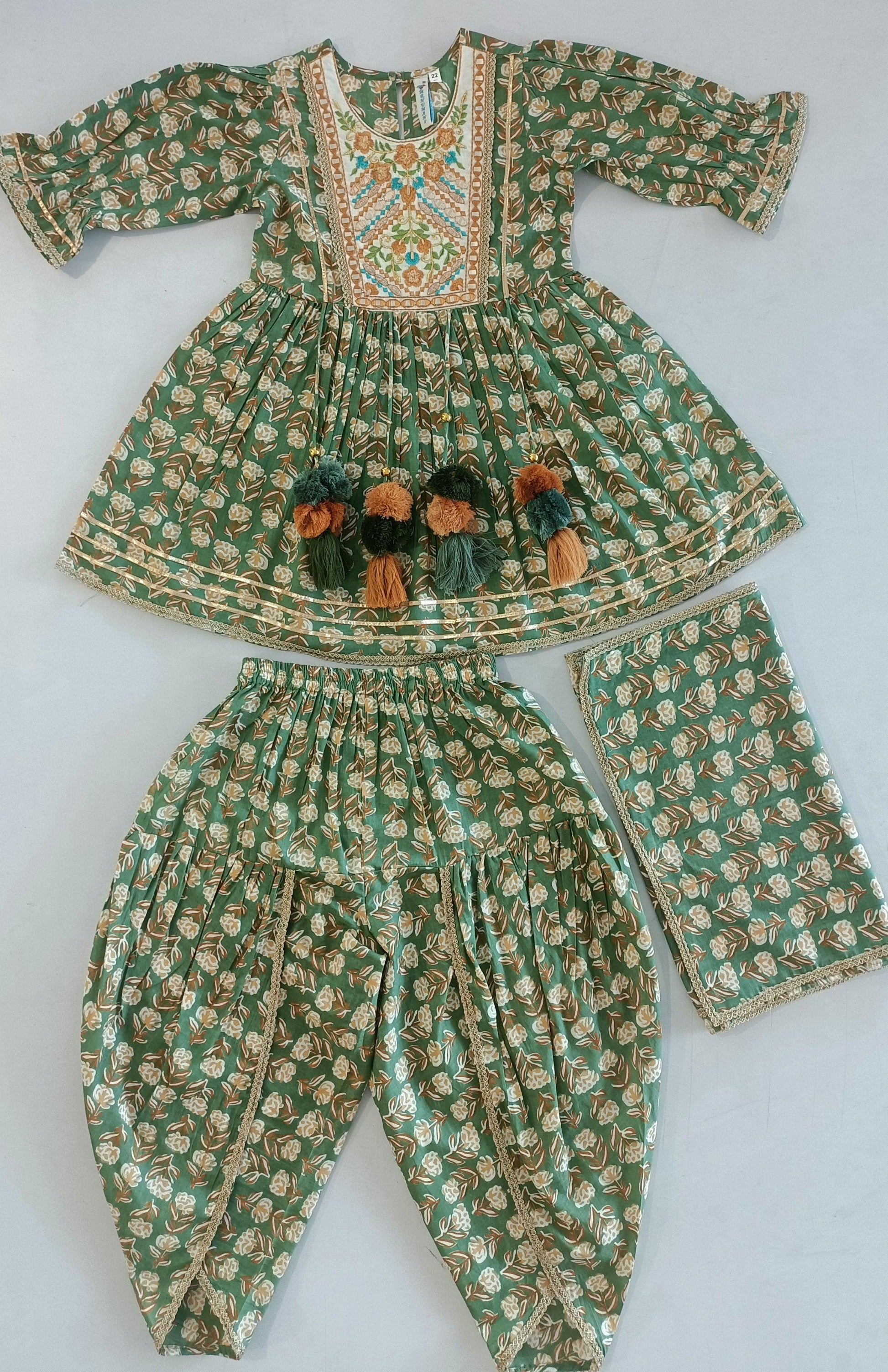 Sage Green Floral Printed Anarkali Dress, Dhoti & Dupatta For Girls 3p Mrhumans Sage Green Floral Printed Anarkali Dress, Dhoti & Dupatta For Girls 3p Mrhumans