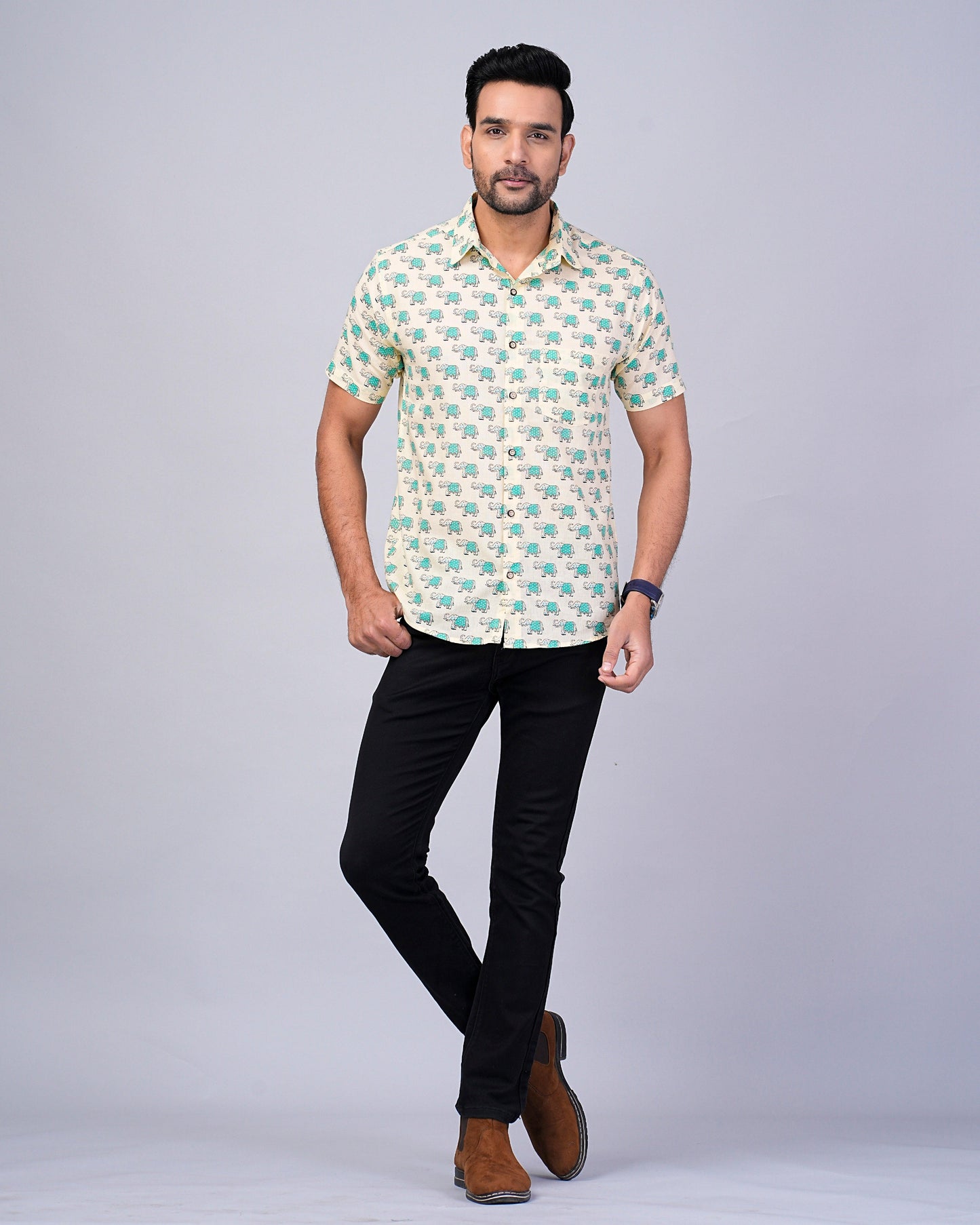 Men's Elephant Blue Color Printed Half-Sleeves shirts