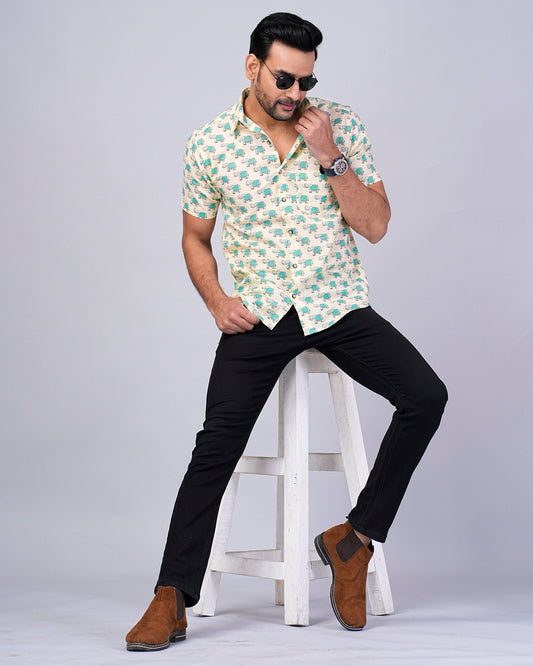 Men's Elephant Blue Color Printed Half-Sleeves shirts