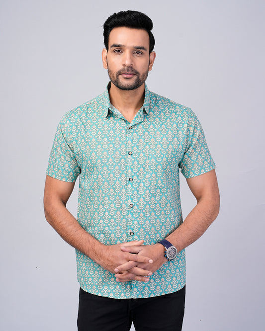 Men's Sage-Green Floral Printed Half-Sleeves shirts
