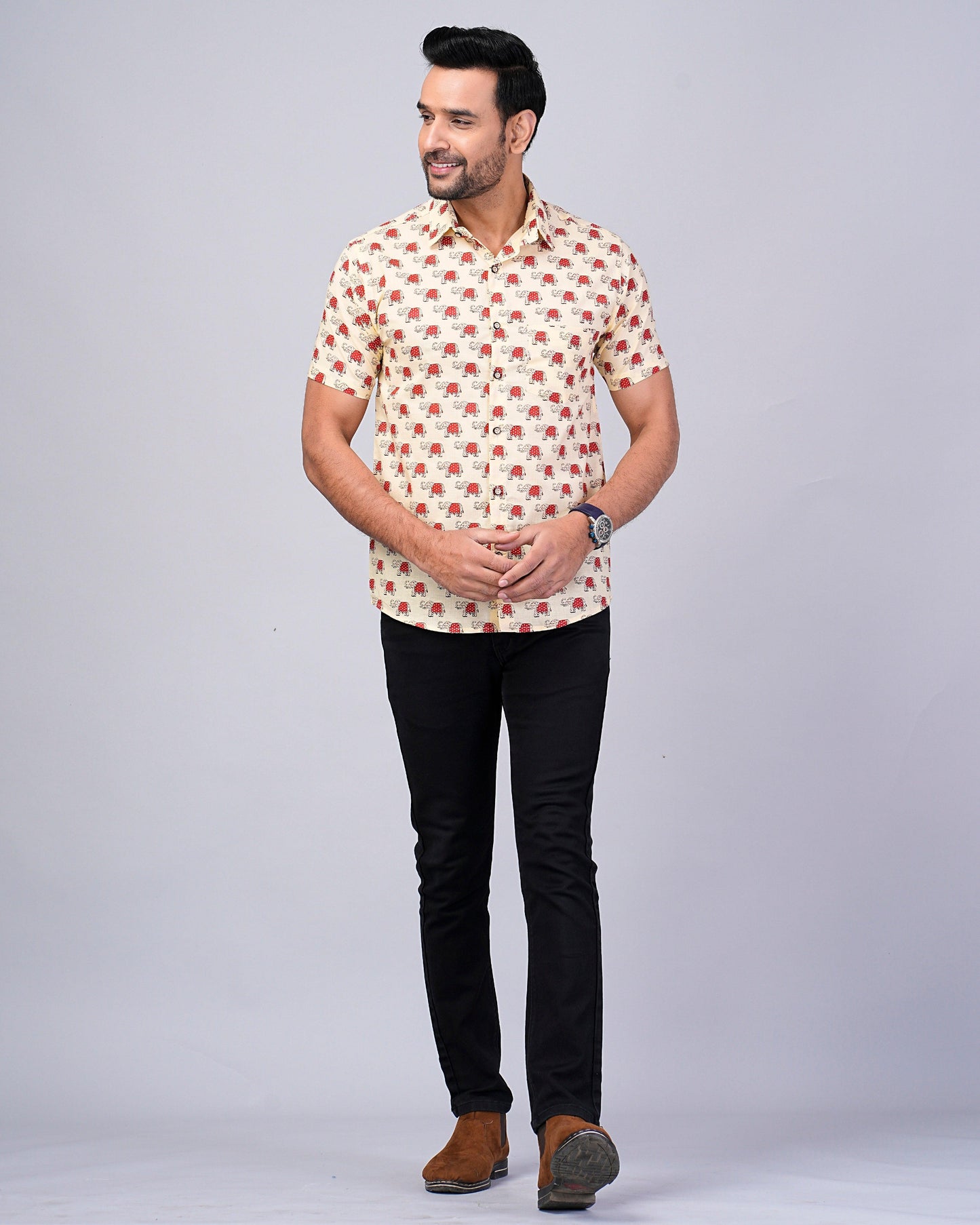 Men's Elephant Ivory Color Printed Half-Sleeves shirts