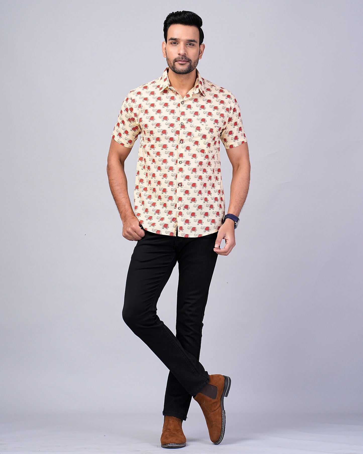 Men's Elephant Ivory Color Printed Half-Sleeves shirts