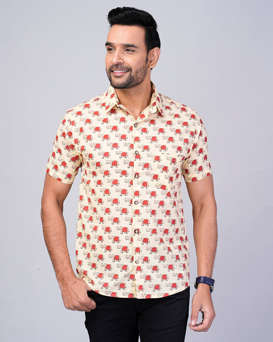 Men's Elephant Ivory Color Printed Half-Sleeves shirts