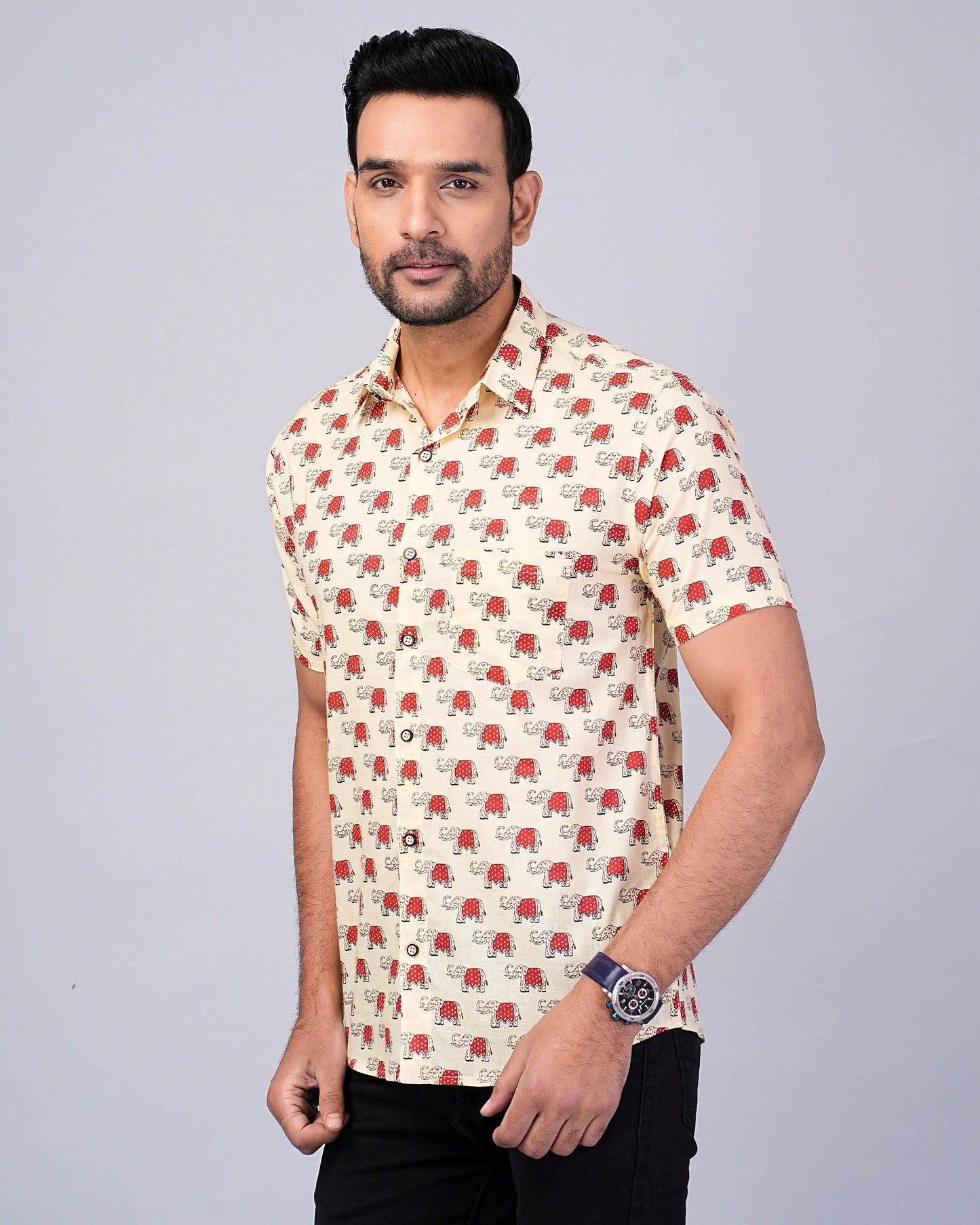 Men's Elephant Ivory Color Printed Half-Sleeves shirts