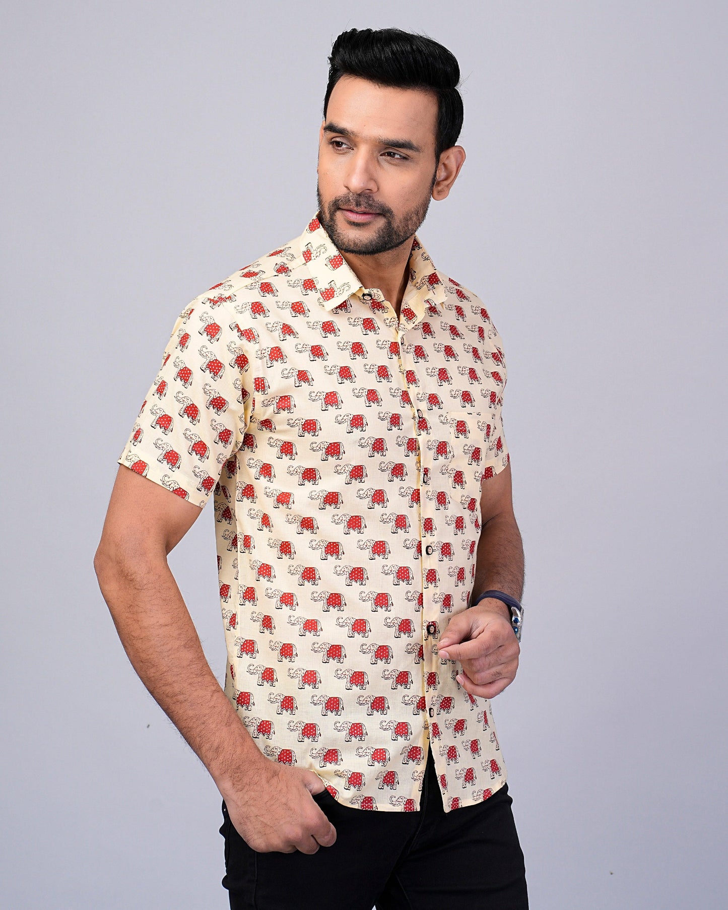 Men's Elephant Ivory Color Printed Half-Sleeves shirts