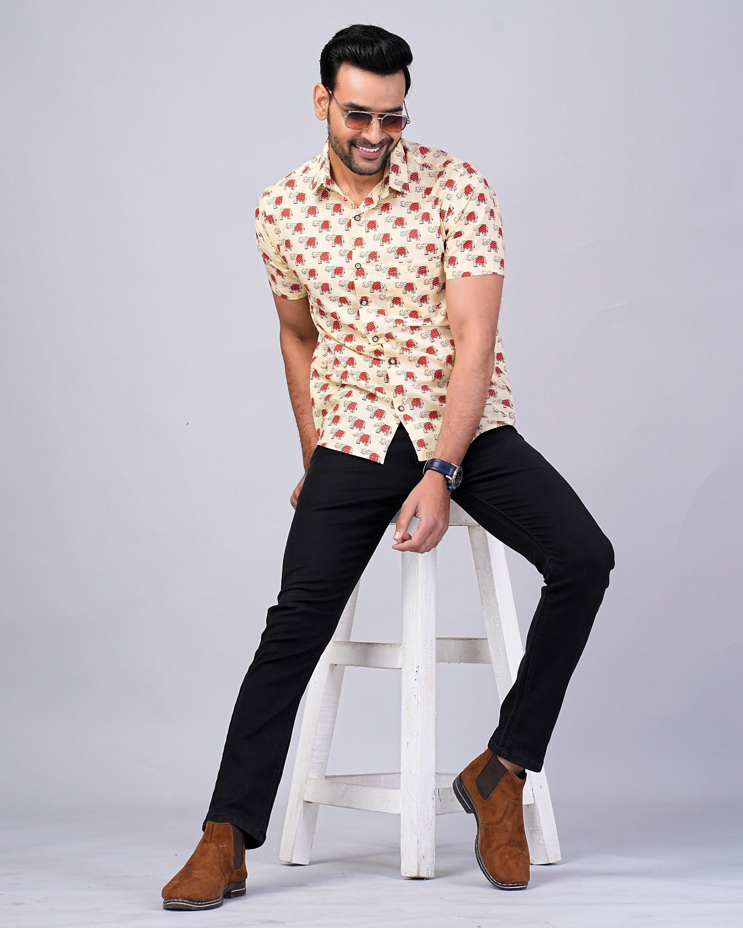 Men's Elephant Ivory Color Printed Half-Sleeves shirts