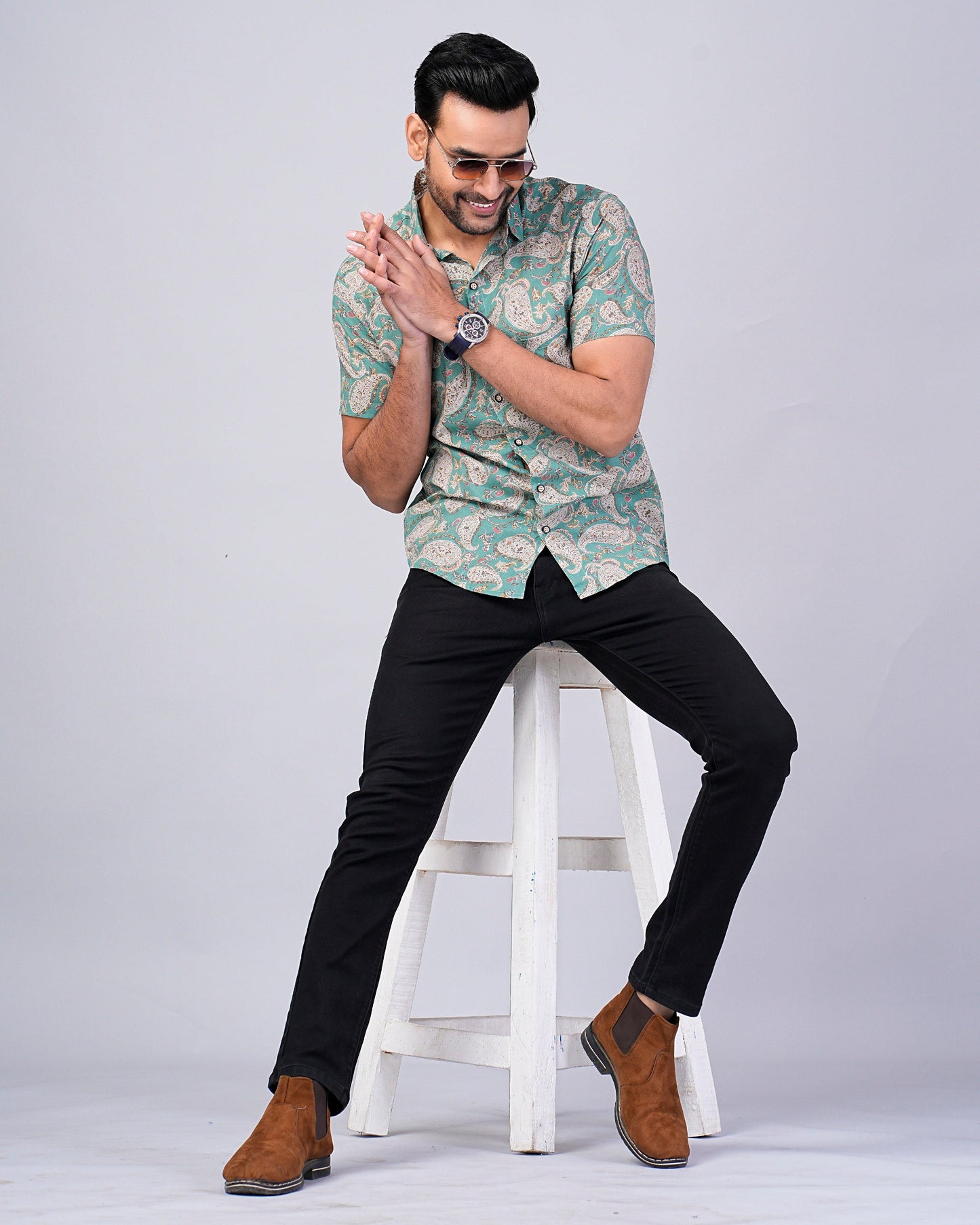 Men's Sage-Green Paisley Printed Half-Sleeves shirts