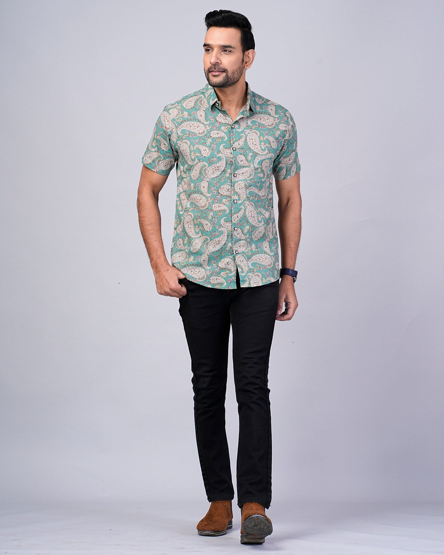 Men's Sage-Green Paisley Printed Half-Sleeves shirts